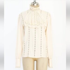 Vtg Paul Alexander 100% Silk Lace High Neck Ruffle Bib Ivory Blouse Sz 12 New